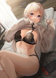 1girls bare_legs bed black_bra black_panties blonde_hair blush bra breasts clothes clothing console female female_only gal_girlfriend_(tipii) indoors laying_on_bed legs_together looking_at_viewer matching_underwear nintendo_switch open open_shirt original original_character panties pillow shirt shirt_lift short_hair solo solo_female thick_thighs thighs tipii tongue tongue_out underwear