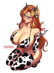 1girls blue_eyes cow_bikini cow_ears cow_girl cow_horns cow_print cow_print_gloves cow_print_thighhighs femsub glasses hucow huge_breasts keeks_nsfw long_gloves long_hair milk_bottle orange_hair original original_character submissive_female thick_thighs thighhighs voluptuous