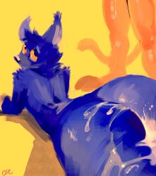 absurd_res anthro ass biped blue_body blue_ears blue_fur blue_hair blue_tail bodily_fluids cheek_tuft cum cum_on_butt duo faceless_anthro faceless_character faceless_male facial_tuft fur furry genital_fluids glistening glistening_eyes hair hi_res looking_back lying male on_front orange_body orange_fur orange_tail oselotti oselotti_(character) short_hair shoulder_tuft signature simple_background solo_focus three-quarter_view tuft yellow_background