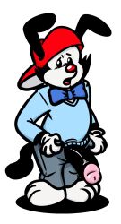 animaniacs anthro backwards_baseball_cap black_fur bowtie fully_clothed furry gloves large_penis neenya penis penis_out red_nose wakko_warner warner_brothers white_gloves