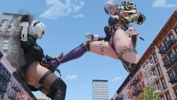 2girls 3d ass big_ass blindfold breasts catfight celton city destruction female female_only giantess hairband isabella_valentine light-skinned_female light_skin macro nier nier:_automata short_hair soul_calibur thighhighs white_hair yorha_2b