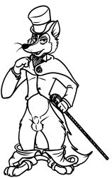 anthro cane cape disney furry honest_john male male_only monochrome neenya open_mouth pants_down penis pinocchio small_penis solo testicles top_heavy