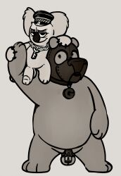 anthro bondage cartoon_network chain_necklace chastity_cage collar furry gay gimp_mask gimp_suit grizzly_(wbb) grizzly_bear hat key key_necklace koala lock monochrome neenya nom_nom_(wbb) ursine we_bare_bears yaoi