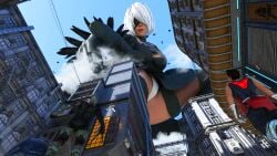 1girls 3d blindfold breasts celton city clothing female giantess light-skinned_female light_skin macro nier nier:_automata short_hair thighhighs upskirt white_hair yorha_2b