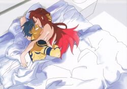 1boy 1girls blue_hair breasts closed_eyes couple cuddling embrace female grin hand_on_another's_head hug in_bed kamina long_hair male nude on_bed on_side red_hair smile tan_skin tattoos tengen_toppa_gurren_lagann topless wholesome yoko_littner