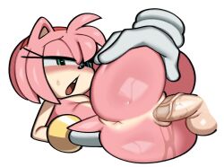 amy_rose anthro anus ass average_sized_penis balls blush bodily_fluids clothing duo eulipotyphlan exposed_torso female fiinel footwear genital_fluids genitals gloves green_eyes handwear hedgehog looking_pleasured male male/female mammal naked nude penetration penis pink_body pussy pussy_juice sega sex simple_background small_breasts sonic_(series) sonic_the_hedgehog_(series) vaginal_penetration video_games white_gloves