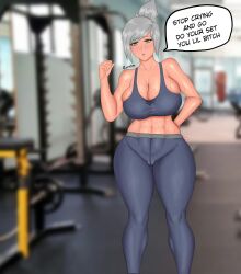 1girls abs blurry_background clothed dialogue gym huge_breasts large_breasts league_of_legends riven rivenisbae short_hair sports_bra sweat sweat_stain sweatdrop sweaty_body thick_legs thick_thighs thighs unamused white_hair yoga_pants