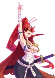 arm_up bandages big_breasts cape covered_nipples female female_only hair_ornament hairclip kajinman kamina_(cosplay) katana long_hair looking_at_viewer pointing ponytail red-tinted_eyewear red_hair sarashi smile sunglasses tattoos tengen_toppa_gurren_lagann tinted_eyewear topless topless_female wearing_others_clothes wide_hips yoko_littner