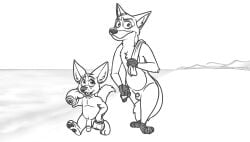 2boys beach disney fennec finnick flaccid fox furry male male_only monochrome neenya nick_wilde penis_size_difference small_penis towel_on_shoulder vulpine zootopia