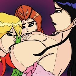 3girls big_breasts black_hair blonde_hair blue_eyes breast_sucking breastfeeding clover_(totally_spies) double_breast_sucking female female_only green_eyes green_suit huge_breasts lactation light-skinned_female mandy_walters milk mole_under_eye night_background night_dress nipple_suck nipple_sucking orange_hair pink purple_eyes purple_lipstick red_suit redhead sam_(totally_spies) sucking totally_spies woman_sucking_breast yuri