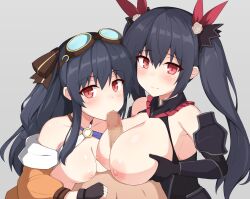 2girls armor bangs bare_shoulders between_breasts black_gloves black_hair blush breast_size_difference breasts brown_jacket censored cleavage collaborative_fellatio elbow_gloves eyebrows_visible_through_hair fellatio four_goddesses_online:_cyber_dimension_neptune gloves goggles goggles_on_head grey_background hair_ornament highres jacket large_breasts long_hair long_sleeves looking_at_viewer mosaic_censoring multiple_girls neptunia_(series) nipples noire oral paizufella paizuri penis pov red_eyes simple_background smile toyo_(c8) twintails uni_(neptunia)