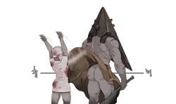 1boy 1girls 2d 2d_(artwork) apron apron_lift assisted_exposure back_muscles blood_stain female funny grey_body height_difference helmet humanoid larger_male male muscular_male no_underwear nurse_(silent_hill) pyramid_head scars silent_hill silent_hill_(film) size_difference skirt_lift skirt_up smaller_female upskirt waist_apron