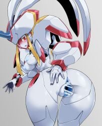 anus armor ass bar_censor bent_over blush breasts censored colored_skin darling_in_the_franxx female from_behind horns medium_breasts nipples nude open_mouth pauldrons penis pochincoff pussy red_eyes robot sex shoulder_armor single_horn solo spread_pussy straight strelizia vaginal_penetration white_skin