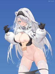 :d absurdres animal_ears aqua_eyes areola_slip areolae arknights ass_visible_through_thighs aurora_(arknights) bear_ears black_gloves black_hairband black_panties black_shirt blue_background bottomless breast_grab clothes_pull cowboy_shot crop_top disembodied_limb female gloves grabbing grey_hair hair_over_one_eye hairband highres long_hair long_sleeves looking_at_viewer nipples no_bra one_breast_out open_mouth panties panty_pull pussy shirt shirt_pull shrug_(clothing) simple_background skindentation smile solo_focus steaming_body thighhighs uncensored underwear very_long_hair white_legwear yog_(1598125441)