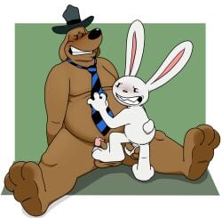 2boys anthro brown_fur canine fedora furry gay male male_only max_(sam_and_max) necktie neenya rabbit sam_(sam_and_max) sam_and_max sharp_teeth squeezing_testicles stepping_on_penis ursine white_fur yaoi