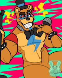 1boy abs animatronic anthro balls belly_button blue_eyes bodypaint bow_tie bracelet bracelets brown_body brown_fur brown_penis ear_piercing edit erection five_nights_at_freddy's five_nights_at_freddy's:_security_breach furry genitals glamrock_freddy_(fnaf) lightning looking_away looking_to_the_side machine makeup male male_only mammal mask muscular muscular_arms muscular_male no_nipples ornyrabi77 pecs penis presenting robot seductive sharp_teeth shoulder_pads simple_coloring smiling spiked_bracelet spikes tattoo the_rabit therabit top_hat uncut ursid video_games watermark