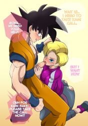 1boy 1girls android android_18 black_hair blonde_hair blowjob blue_eyes blush chesterzee dialogue dragon_ball dragon_ball_super dragon_ball_super_super_hero fellatio female gokubuttonzee interspecies male male_saiyan on_knees oral penis saiyan son_goku speech_bubble text