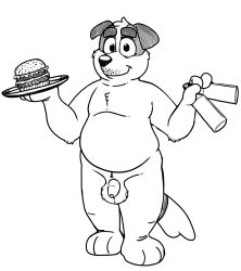 anthro beer bluey_(series) canine flaccid furry hamburger jack_(bluey) male monochrome neenya solo stubble tail thick_eyebrows