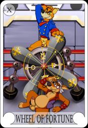 2boys anthro balls black_background bottomless canine disney don_karnage furry goggles_on_head mad_dog male male_only neenya orange_fur propeller talespin tarot tarot_card torn_ear wheel_of_fortune_(tarot) whiskers