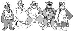 5boys aged_up anthro bottomless canine chase_(paw_patrol) collar dalmatian furry german_shepherd hat marshall_(paw_patrol) monochrome neenya overweight paw_patrol police police_uniform rocky_(paw_patrol) rubble_(paw_patrol) vest zuma_(paw_patrol)