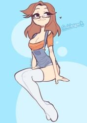 blue_background breasts brown_hair cleavage cute female female_focus female_only genderswap heart hips lolhappysad long_socks orange_shirt overalls rule_63 saberspark sabiespark smile twitter youtube