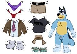 1boy anthro balls ballsack bandit_heeler blue_fur bluey_(series) body_fur canine dress_up fedora flaccid_penis fluffy_tail foreskin furry hat humanoid_penis intact male male_only male_thong masculine neenya no_humans nude_male paper_doll partially_retracted_foreskin penis scrotum shorts small_penis smooth_fur socks solo suit t-shirt testicles toony uncut underwear