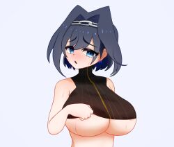 1girls blue_eyes blue_hair breasts female female_only hololive hololive_english hololive_english_-council- hololive_english_-promise- huge_breasts ouro_kronii ranfe short_hair solo solo_female sweating underboob virtual_youtuber