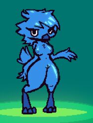 3:4 avian bird blue_body blue_feathers breasts digitigrade feathers female genitals meme mitkit nipples nude pussy simple_background solo thick_thighs tweetfur twitter