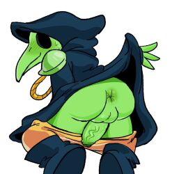 anus ass avian balls beak blush clothed clothing erection genitals humanoid_genitalia isomaru looking_at_viewer looking_back male male_only penis plague_doctor plague_knight presenting presenting_hindquarters shovel_knight simple_background solo video_games white_background yacht_club_games