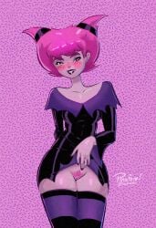 1girls blushing dc dc_comics female female_only flashing flashing_pussy jinx_(dc) lifted_by_self pinafore_(artist) pink_hair pubic_hair pussy skindentation skirt_lift solo teen_titans thick_thighs