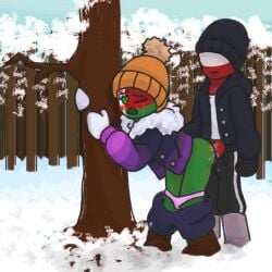 1boy 1girls belarus_(countryhumans) blush clothed countryhumans countryhumans_girl crying cum cum_inside female open_mouth oshkur_(rumas) outdoors outside panties penetration poland_(countryhumans) rumas snow straight winter