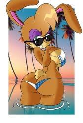 2019 absurd_res anthro archie_comics ass ass_cleavage background_sky big_ass big_breasts big_butt bikini breasts brown_body brown_fur brown_hair bunnie_rabbot butt_crack clothing detailed_background digital_media_(artwork) eyewear eyewear_on_head female green_eyes hi_res lagomorph leporid mammal mobian_monster outside palm_tree photo_background pinup plant pose rabbit sega short_tail smile smiling_at_viewer solo sonic_(series) sonic_the_hedgehog_(archie) sonic_the_hedgehog_(comics) sonic_the_hedgehog_(series) sunglasses sunglasses_on_head sunset swimwear tan_body tan_fur text text_on_clothing text_on_swimwear thick_thighs tree two_tone_body two_tone_fur under_boob voluptuous water wide_hips