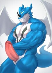 animal_genitalia bandai_namco blue_body blue_skin digimon digimon_(species) exveemon facial_horn genital_slit genitals hi_res horn male male_only muscular muscular_male nipples nose_horn penis red_eyes rsotart slit solo taur vein veiny_penis white_body white_skin white_wings wings