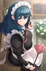 1girls accident alternate_costume apron ass bangs big_ass big_breasts black_dress blouse blue_eyes blue_hair blush breasts broken broken_vase byleth_(fire_emblem) byleth_(fire_emblem)_(female) clumsy commentary_request dress duster enmaided eyebrows_visible_through_hair female female_only fire_emblem fire_emblem:_three_houses flower frills gonzarez hair_between_eyes highres indoors large_ass large_breasts long_hair long_sleeves looking_at_viewer maid maid_headdress nervous nervous_smile nintendo playing_with_own_hair shirt sitting solo sweatdrop teal_hair vase white_apron white_flower