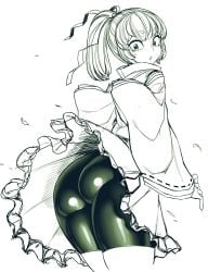 1girls ass ass_focus bangs big_ass big_butt bike_shorts bubble_ass bubble_butt butt female female_only huge_ass huge_butt large_ass large_butt long_sleeves looking_back monochrome mononobe_no_futo ponytail reflective_clothing sketch solo solo_female spacezin tagme touhou traditional_clothes upskirt wind wind_lift