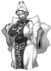 1girls female fox_ears fox_girl fox_tail greyscale hourglass_figure huge_breasts kitsune monochrome multiple_tails murderous_intent muscular nipple_bulge ran_yakumo scary scary_face scary_smile sharp_teeth sleeves_past_fingers solo spacezin tagme thunder_thighs touhou voluptuous