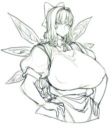 aged_up cirno clothing curvaceous fairy female hair_ornament hands_on_hips huge_breasts line_art monochrome sketch solo spacezin tagme touhou