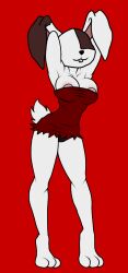 4n0nym0u5 anthro black_panties breast_press breasts breasts_apart bunny bunny_ears bunny_girl bunny_tail bunny_teeth bunnygirl dress five_nights_at_freddy's five_nights_at_freddy's:_security_breach front_view furry hands_behind_head panties panties_aside rabbit rabbit_ears rabbit_feet rabbit_girl rabbit_humanoid rabbit_tail rabbit_teeth red_background simple_background small_dress smile smiling standing standing_position tight_clothing tight_dress tiptoes vanny_(fnaf) white_body white_fur white_skin