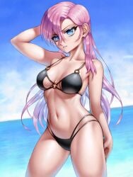 1girls 2020s 2022 beach bikini bikini_bottom bikini_top black_bikini black_bikini_bottom black_bikini_top black_swimsuit blue_eyes doga_kobo female female_focus frown kawaii_dake_ja_nai_shikimori-san long_hair magazine_pocket ocean open_mouth pink_hair seaside shikimori_micchon skylock sole_female swimsuit