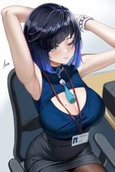 1girls absurd_res armpits arms_up bangs bare_shoulders big_breasts black_legwear blue_hair blush boob_window breasts cleavage dice female genshin_impact green_eyes grey_lipstick hi_res highres hips huge_breasts lanyard large_breasts leggings lipstick looking_away mole mole_on_breast name_tag necklace office office_lady one_eye_closed pearl_necklace piukute062 short_hair sitting skirt slim_waist small_waist solo stockings tassel tight_clothing tights waist white_background wide_hips wink yelan_(genshin_impact)