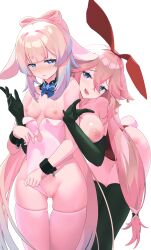 2girls absurdres animal_ears ass_visible_through_thighs bar_censor black_gloves black_legwear blush bow_choker breasts breasts_out censored clothing_aside collarbone commentary_request covered_navel elbow_gloves embarrassed eyebrows_visible_through_hair female genshin_impact gloves grabbing grabbing_from_behind haku89 highleg highleg_leotard highres inverted_nipples large_breasts leotard leotard_aside light-skinned_female light_skin long_hair multicolored_hair multiple_girls nipples open_mouth pink_hair playboy_bunny purple_eyes pussy pussy_juice rabbit_ears revision sangonomiya_kokomi simple_background skindentation small_breasts teeth thighhighs thighs white_background yae_miko yuri