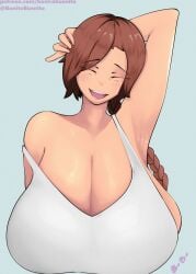 1girls 2022 anna_(operatorsecret) armpits bakunyuu bare_shoulders big_breasts bonitobuenito breast_focus breasts bust cleavage closed_eyes clothed clothes clothing digital_drawing_(artwork) digital_media_(artwork) female female_only freckles front_view hand_behind_back hand_behind_head happy huge_breasts human human_only humanoid large_breasts long_hair looking_at_viewer milf pink_hair shirt simple_background solo solo_female tank_top upper_body