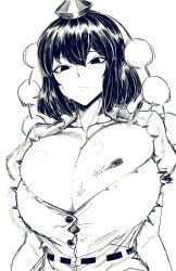 1girls barely_contained big_breasts breast_expansion breasts button_pop cleavage clothing collarbone dark_hair female huge_breasts looking_down monochrome motion_lines shameimaru_aya solo solo_female spacezin straining_buttons tagme touhou