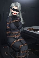 ball_gag big_breasts blindfold bondage buisness_suit crotch_rope gag gagged grey_hair hairclip legs_tied legs_together necklace persona persona_5 plusout sae_niijima tied_to_chair