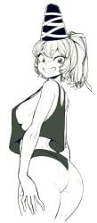 arms_at_sides ass bare_arms big_ass breasts commentary_request cowboy_shot curvy female from_side grin hat hip_focus looking_back medium_breasts midriff monochrome mononobe_no_futo ponytail short_hair short_shorts shorts sideboob simple_background sketch smile solo spacezin tagme tank_top tate_eboshi teeth thighs touhou white_background