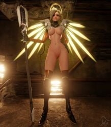 3d 3d_(artwork) 3d_model blender blender_(software) blender_cycles blonde_hair breasts female female_only glowing half-dressed half_naked legs looking_at_viewer mercy nudity overwatch overwatch_2 solo solo_female staff standing tafuki thighs wand white_skin wings