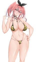 1girls 2022 alternate_version_available azur_lane beauty_mark bikini blush breasts bremerton_(azur_lane) female female_only hand_on_hip hips huge_breasts leopard_print leopard_print_bikini long_hair mole_on_breast pink_eyes pink_hair ranhatu ribbon ribbon_in_hair simple_background slim_waist smile thick_thighs thighs tongue tongue_out twintails wide_hips