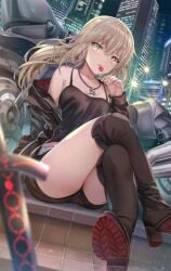 artoria_pendragon_(alter) blonde_female blonde_hair boots hazel_eyes high_heel_boots high_heels jacket knee_high_boots kneehigh_boots legs_crossed lolipop long_hair looking_at_viewer necklace short_shorts sitting solo_female sucking_lollipop tank_top teasing torino_akua