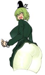 annoyed arched_back ass ass_focus back back_view bare_ass bare_legs big_ass big_breasts dress dress_lift embarrassed female female_only fully_clothed ghost green_eyes green_hair hourglass_figure looking_at_viewer looking_back looking_down nipple_bulge open_mouth short_hair soga_no_tojiko solo spacezin standing thick thick_thighs thin_waist touhou