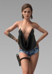 1girls 3d 3d_(artwork) bare_arms bare_legs bare_shoulders bare_thighs booty_shorts bracelet brown_hair cleavage collarbone denim_shorts ellie_(the_last_of_us) ellie_williams female female_focus female_only freckles gun_holster hand_on_hip hi_res holster human legwear looking_at_viewer minishorts naughty_dog no_bra pale_skin rge-exotic short_hair shorts simple_background small_breasts solo solo_female solo_focus sony_interactive_entertainment tattoo tattoo_on_arm tattooed_arm the_last_of_us the_last_of_us_2